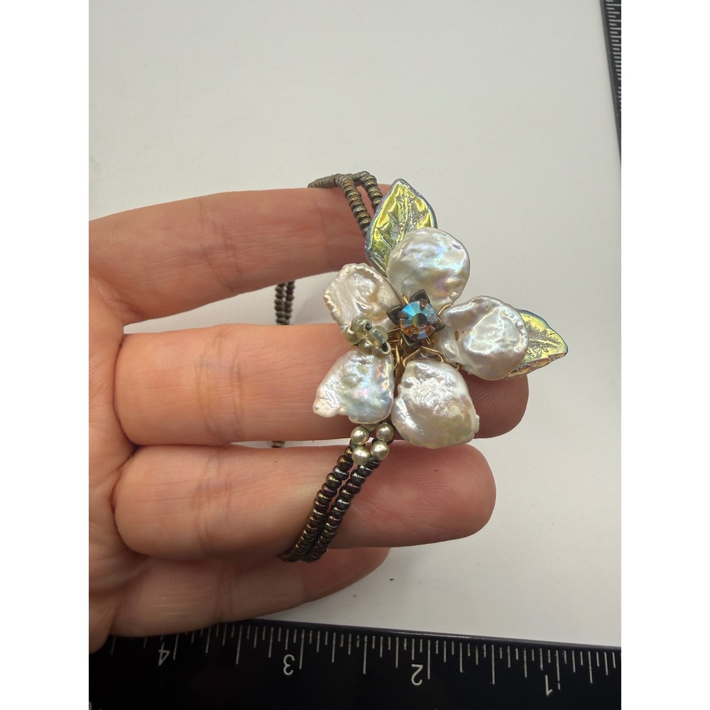 Keshi Pearl Flower Bracelet Iridescent Floral Magnetic Clasp Double Strand 7in